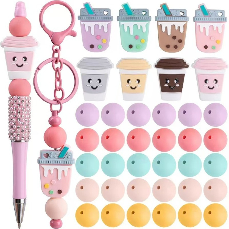 Mixing Cup Silicone - 48個入りミックススタイルコーヒー＆ドリンクカップシリコンビーズセット、ピンクシリーズビーズDIYキーホルダー製作＆クラフト用品用