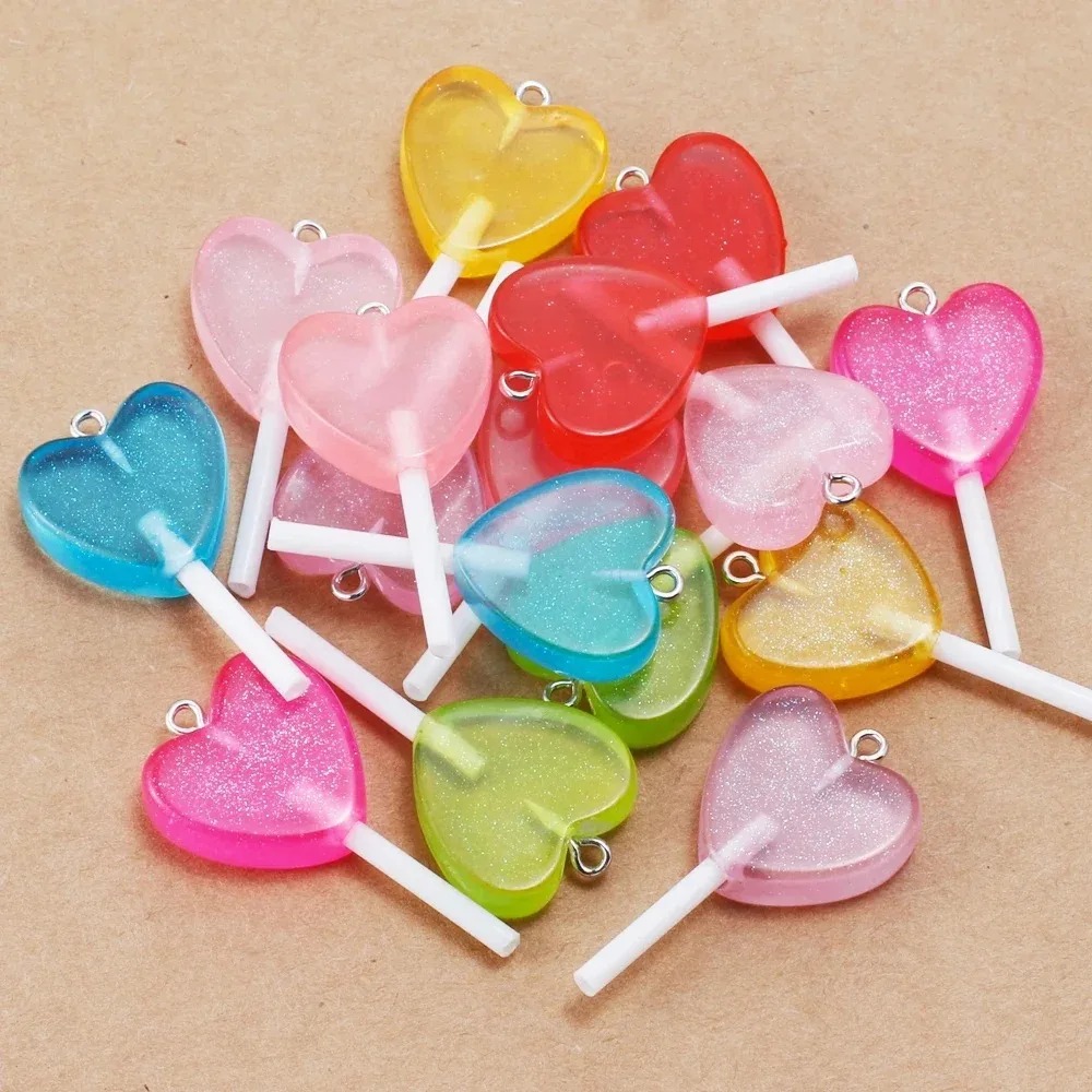 Resin Craft Material - 10個入り カワイイキラキラハートロリポップ レジンチャーム グリッターキャンディペンダント 手作り装飾品 イヤリングキーホルダー作り用