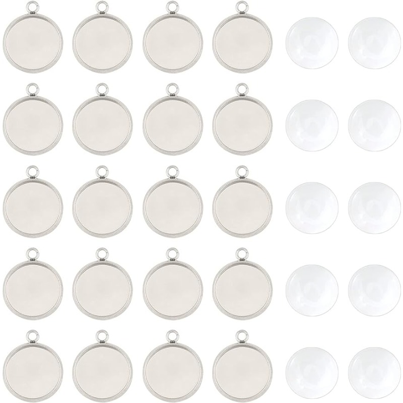 Bezels Set Pendant - ペンダントカボションジュエリーセットステンレス鋼ベゼル、クリアガラス、ハーフラウンドトレイ、ペンダントブランク、50セット